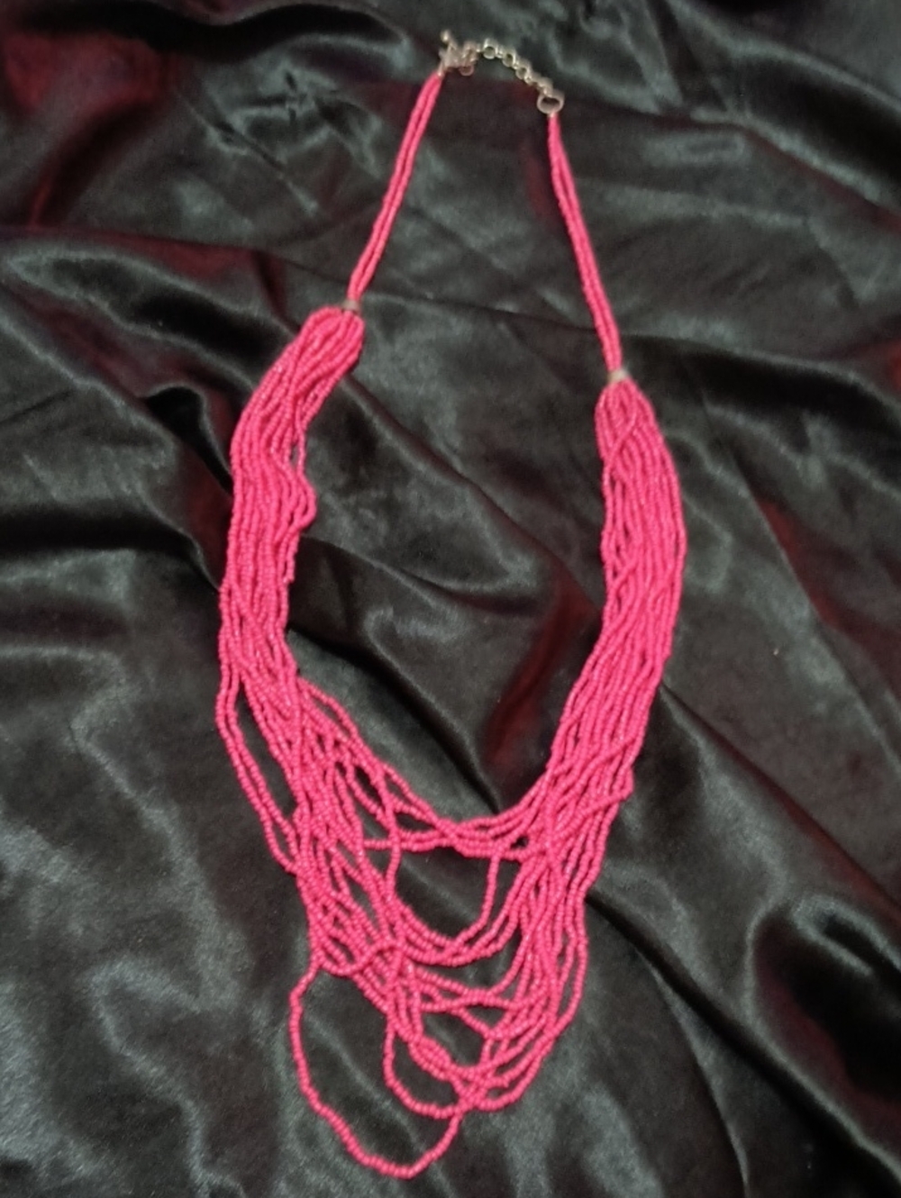 Sterling Silver 30" 15-strand  Handmade Fuscia Seed Beaded  Necklace